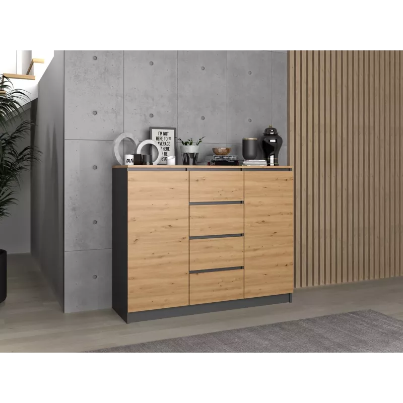 Komoda iš viršutinės parduotuvės Topeshop 2D4S ANT/ART BA KPL — 4 stalčiai, antracitas/ąžuolas, 1200×400×970 mm, medžio drožlių plokštė