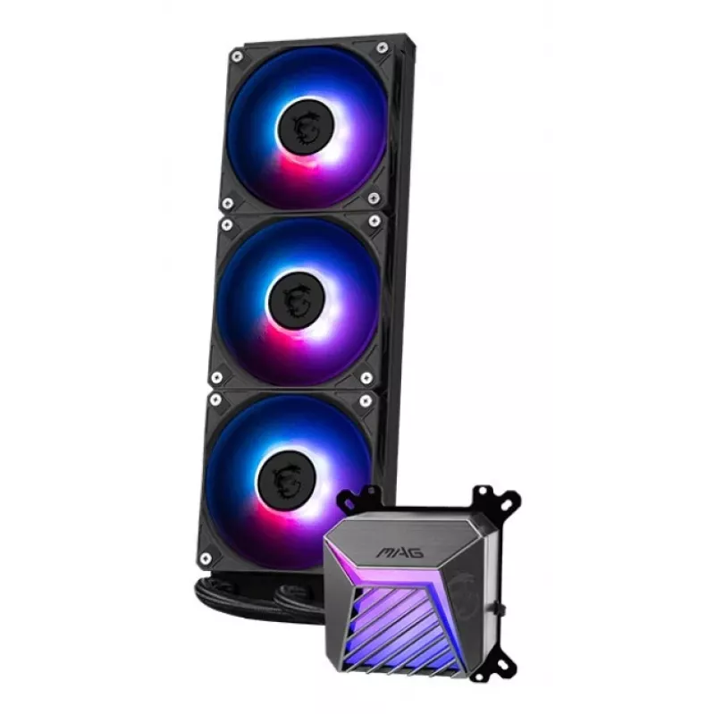 Vandens aušintuvas MSI MAG Coreliquid A15 360 — 3x 120 mm ventiliatoriai, radiatorius 394 x 120 x 27 mm, siurblys 5V, RGB, palaiko LGA 1851