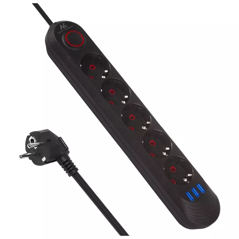 Maitinimo lizdas MACLEAN MCE395 B — 5 lizdai, 3×USB, 110–240V AC, 2,1A USB, 2500W, 1,5 m kabelis, juodas