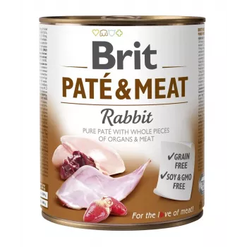 Šlapias šunų maistas Brit Paté & Meat Rabbit 800 g — paštetas su triušiena, 800 g, suaugusiems šunims, be grūdų, skardinė