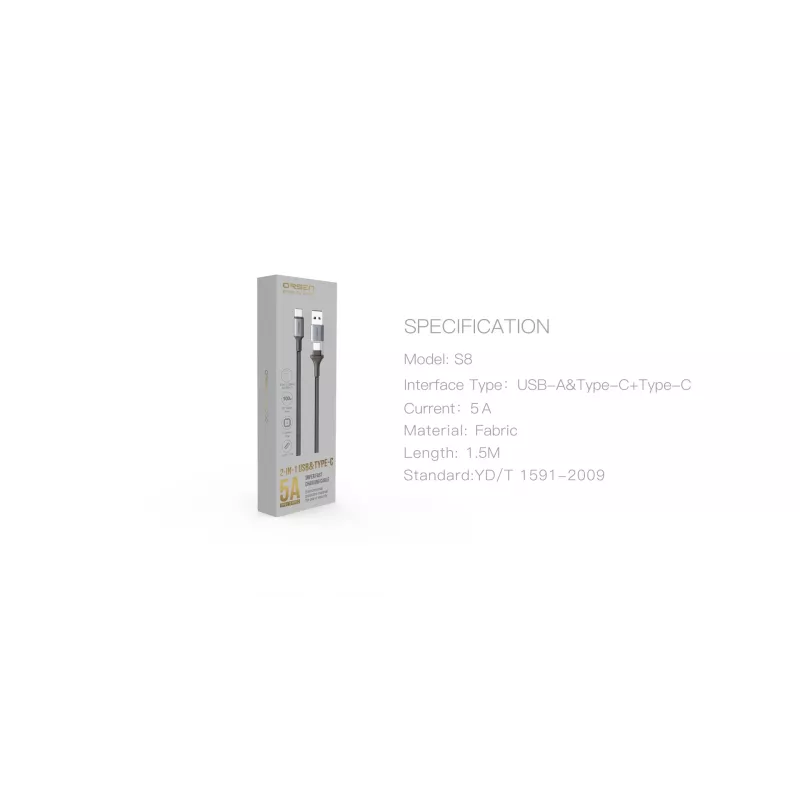 USB Type-C 2-in-1 laidas Orsen S8, 5A, 1,5 m (greitas įkrovimas / duomenys)
