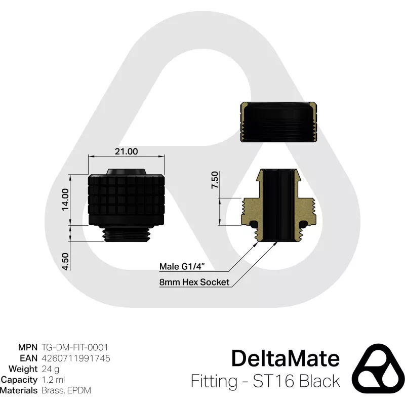 Thermal Grizzly DeltaMate Fitting ST16 jungtis, juoda — montavimo adapteris ST16 lizdams