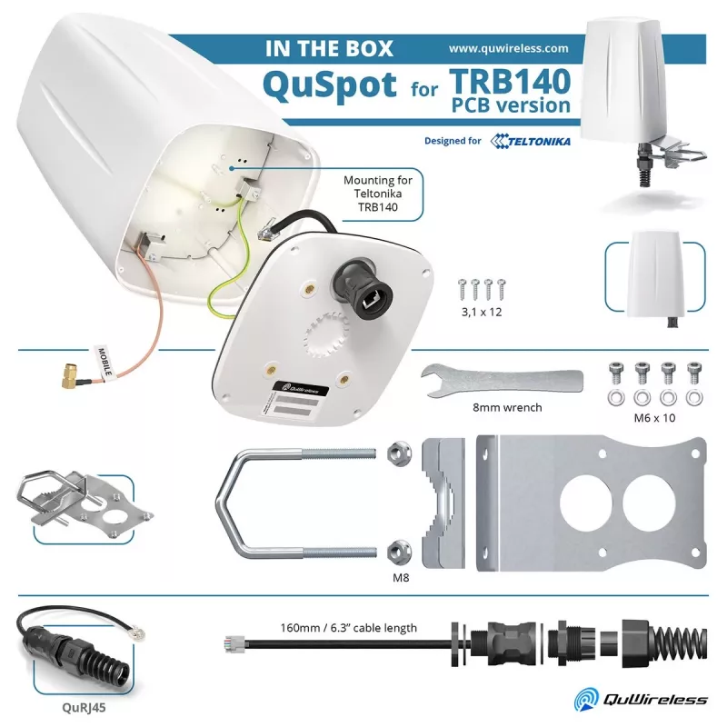 Įvairiakryptė tinklo antena QuWireless QuSpot A140S-A, PoE/LAN, 0,694–2,7 GHz, iki 4 dBi, balta