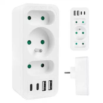 Maitinimo skirstytuvas MACLEAN MCE248 F/W — 3 kintamosios srovės lizdai (1×16A, 2×6A) + 4×USB (2×A, 2×C PD 20W), EU kištukas, baltas