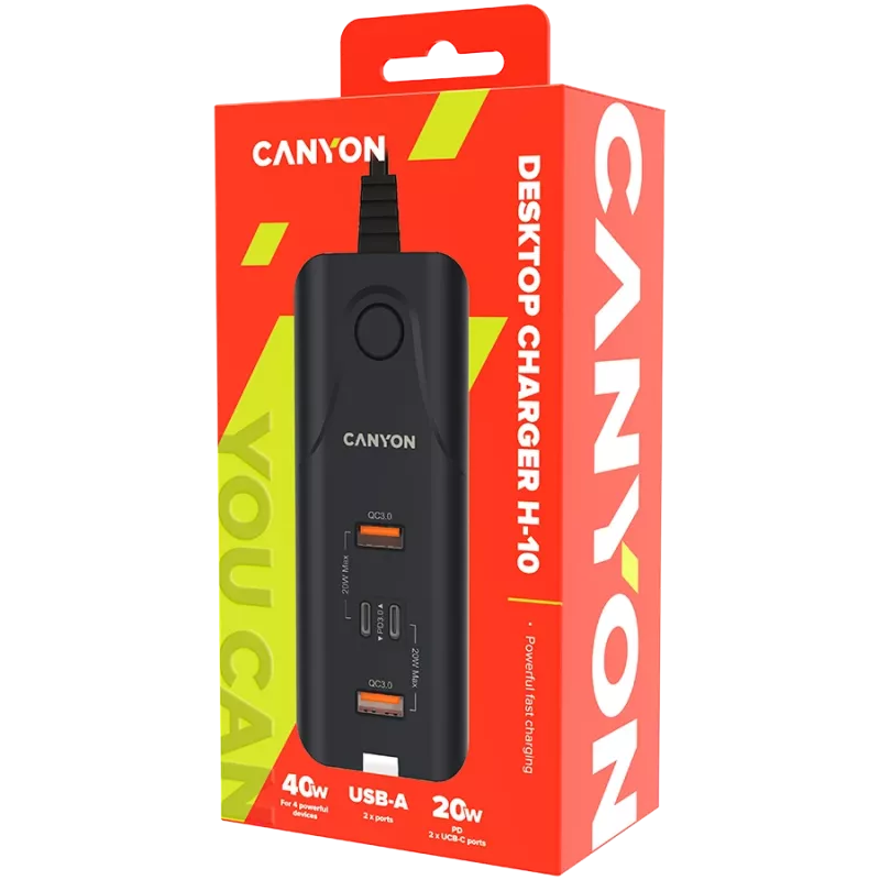 CANYON įkroviklis H-10 PD 20W QC 3.0 18W 2USB-A 2USB-C stalinis juodas