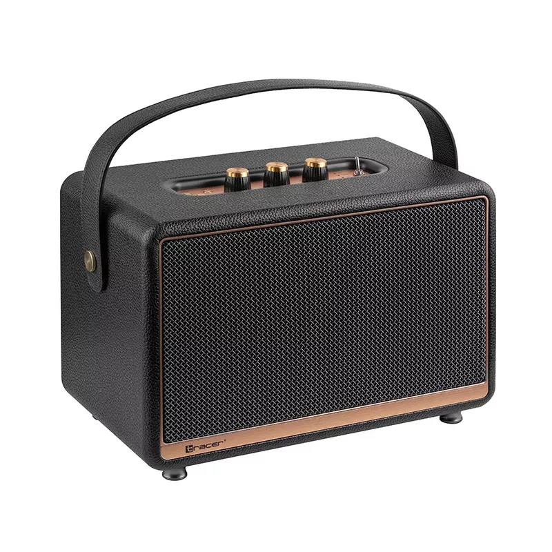 Nešiojamasis stereofoninis garsiakalbis TRACER M45 juodas — Bluetooth 5.0, 45 W RMS, FM radijas, įmontuotas mikrofonas, maitinamas baterijomis