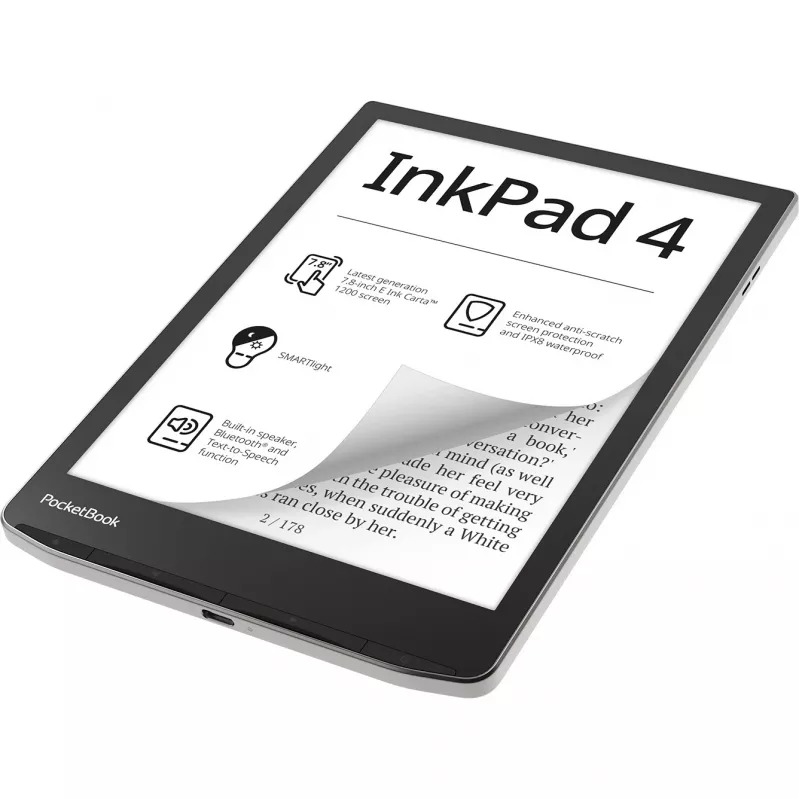 PocketBook InkPad 4 - 19,8 cm (7,8 colio) - E Ink Carta - 1404 x 1872 pikselių - ACSM - AZW - AZW3 - CBR - CBZ - CHM - DOC - DOCX - DjVu - EPUB - EPUB DRM - FB2 - FB2.ZIP - HTM - HTML - MOB