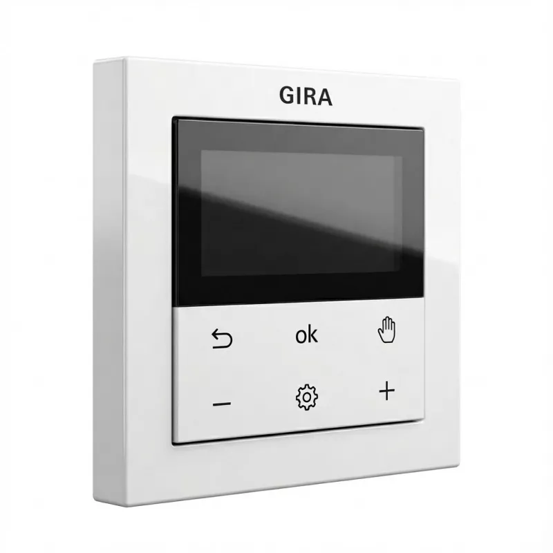 Skaitmeninis kambario termostatas Gira System 3000 Bluetooth, baltas, LCD ekranas