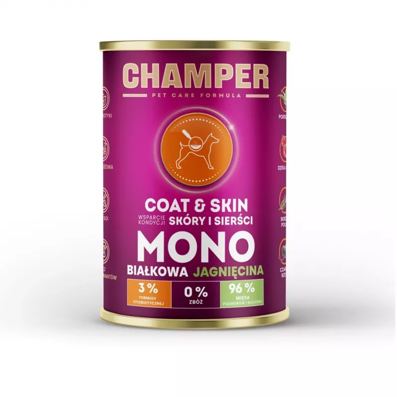 CHAMPER Coat & Skin Monoprotein Lamb - šlapias šunų maistas - 400g