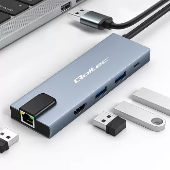 USB-C stotelė QOLTEC 53795 5‑in‑1 su 100W PD, 2×USB-A, HDMI 4K, RJ45