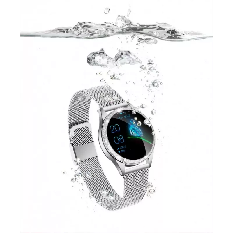 Išmanusis laikrodis ORO-MED ORO-SMART CRYSTAL Sidabrinė — apvalus metalinis korpusas, LCD 240×198, 1,04 colio ekranas, Bluetooth 4.0, atsparus vandeniui, 120 mAh baterija