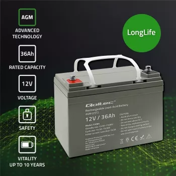 Hermetiška AGM UPS baterija QOLTEC 53084 12V 36Ah LongLife