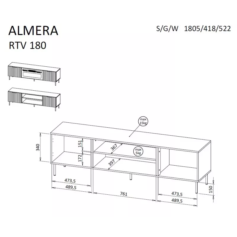 TV spintelė Cama ALMERA 180,5×42×52,5 cm riešutmedžio/kreminės spalvos – medžio drožlių plokštės viršus, riešutmedžio rėmas
