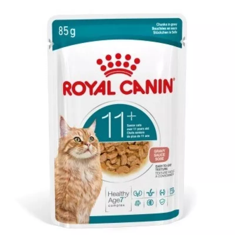 Šlapias kačių ėdalas Royal Canin FHN Ageing 11+ Gravy 12×85 g – pilnavertis drėgnas maistas vyresnio amžiaus katėms padėklėliuose