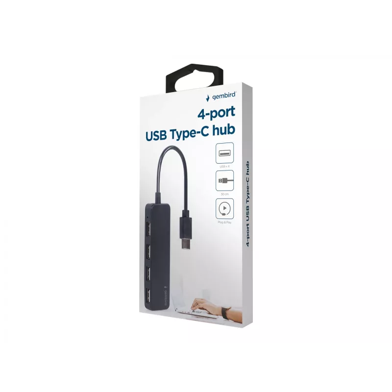 USB šakotuvas Gembird UHB-CM-U2P4-01 — 4 prievadų USB 2.0 Type-C į Type-A, juodas, 0,3 m laidas