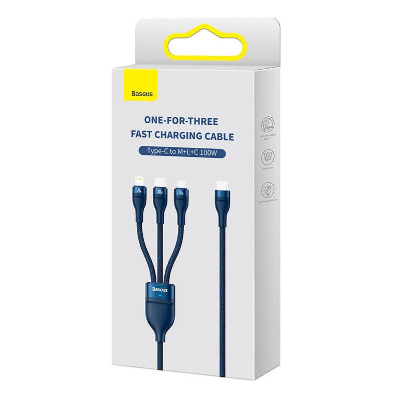 3in1 USB laidas Baseus Flash Series 2, USB-C + micro USB + Lightning, 100W, 1,5 m (mėlynas)