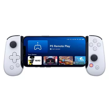Žaidimų pultas Backbone One, skirtas iPhone, PlayStation Edition, baltas — laidinis Lightning valdiklis, palaiko iOS, PC, PlayStation, 3,5 mm garso lizdą