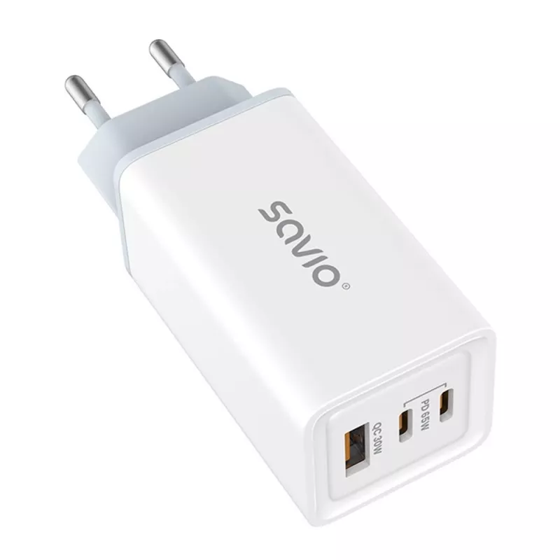 SAVIO LA-07 GaN 65W mains charger, USB, QC4.0+, PD 3.0, Balta