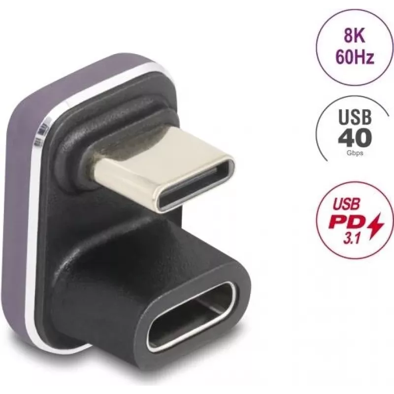 USB-C adapteris DELOCK 60737 180° 40 Gbps 240 W – stačiojo kampo didelės spartos duomenų ir maitinimo adapteris