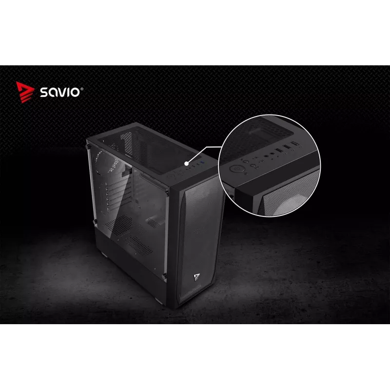 Kompiuterio korpusas SAVIO Noctis Flow — Cube Mini‑ITX/Micro‑ATX/ATX, 3x120mm priekyje, 1x120mm gale, 2x3.5 colio + 3x2.5 colio lizdai, grūdintas stiklas