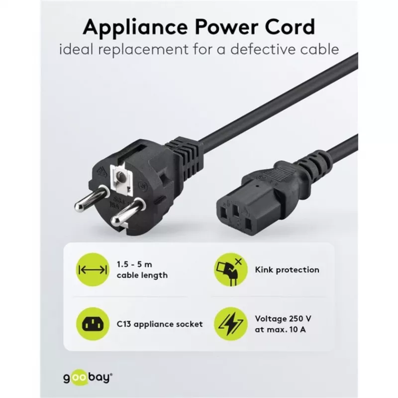 Goobay IEC laidas 5 m juodas maitinimo kištukas F tipo IEC C13 H05VV-F3G