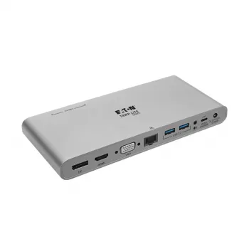 Eaton Tripp Lite USB-C dokas, trijų ekranų - 4K HDMI/DisplayPort, VGA, USB 3,2 Gen 1, USB-A/USB-C šakotuvas, GbE, 100 W PD įkrovimas, tarptautiniai maitinimo laidai - dokas - USB-C