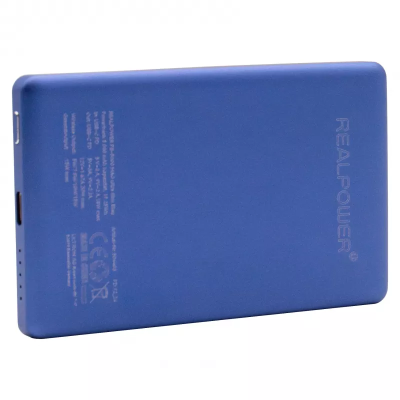 Išorinė baterija RealPower PB-5000 MAG 5000 mAh su MagSafe suderinamu belaidžiu įkrovimu, USB-C, 20 W išvestis, mėlyna