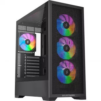 PC korpusas Silentware Core 100 A-RGB Juoda — modelis CORE100Juoda, A-RGB apšvietimas, vidutinio bokšto formos faktorius