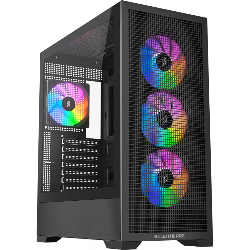 PC korpusas Silentware Core 100 A-RGB Juoda — modelis CORE100Juoda, A-RGB apšvietimas, vidutinio bokšto formos faktorius