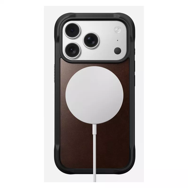 Mobiliojo telefono dėklas Nomad Rugged Leather Case, skirtas iPhone 17 Pro, 6,3 colio (16 cm), rudas, oda/TPU/aliuminis