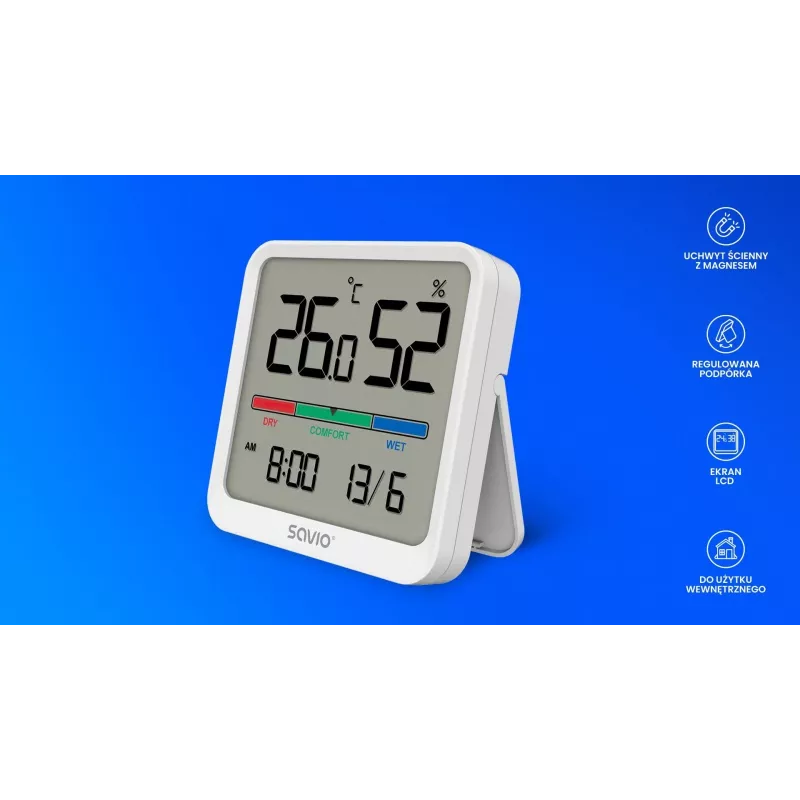 Patalpų temperatūros ir drėgmės jutiklis SAVIO CT-01/W, LCD ekranas, -10–55°C, 10–99%RH, baterija CR2032