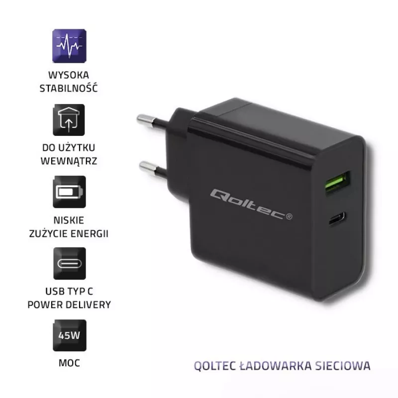 Maitinimo adapteris QOLTEC 51717 45W 20V 3A kintamosios srovės patalpų įkroviklis išmaniajam laikrodžiui, juodas
