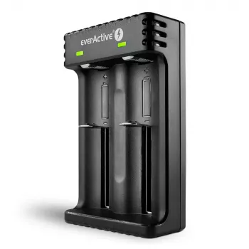 Baterijų įkroviklis everActive LC200 buitinis USB, 2 lizdų, Li-Ion, palaiko A/AA/AAA/AAAA/C/D, 5 V įvestis, 4,2 V išvestis, juodas