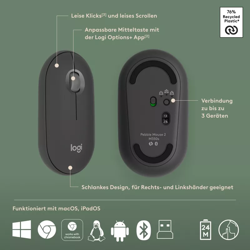 Logitech Pebble 2 Combo belaidė klaviatūra ir pelė QWERTZ vokiška grafito spalva