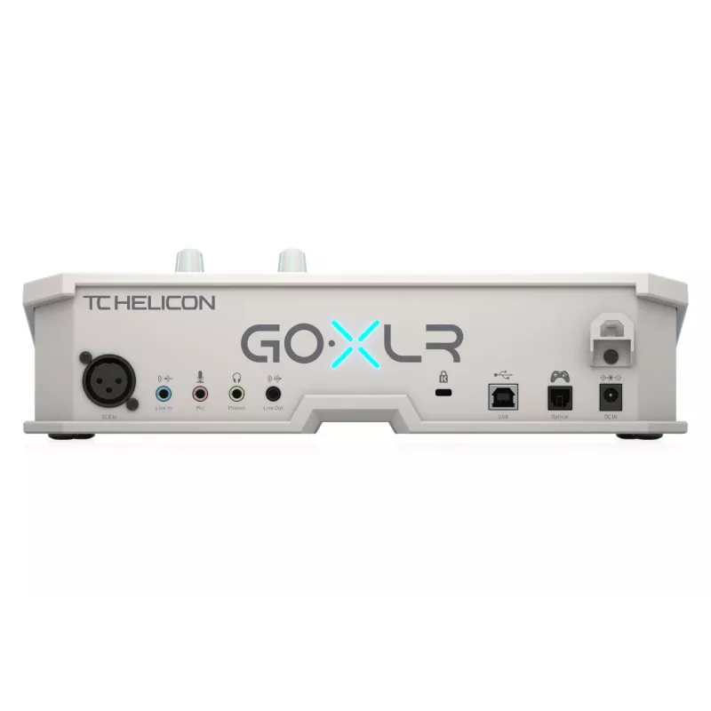 USB garso maišytuvas TC‑Helicon GO XLR‑WH baltas — 1 XLR mikrofono įvestis, USB‑B, 48 V fantominis maitinimas, 24 bitų/48 kHz, optinis išėjimas