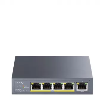 Tinklo komutatorius Cudy GS1005P — 5 prievadų Gigabit Ethernet su 4 PoE prievadais, 60W bendra galia, metalinis korpusas, montuojamas į stovą