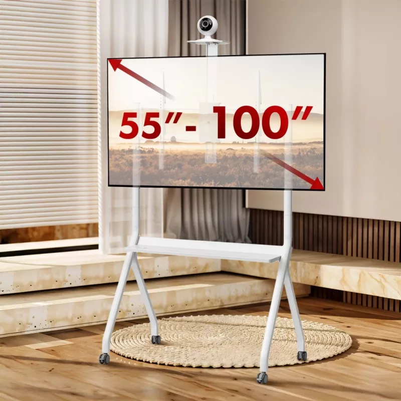 Ant grindų statomas televizoriaus stovas MACLEAN MC-114 W, tinka 55–100 colių ekranams, baltas, VESA iki 900x600, maks. apkrova 120 kg, aukštis 115–152 cm, lentyna