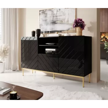 ABETO komoda ant auksinis plieninis rėmas 150x42x90 juodas/juodas blizgus