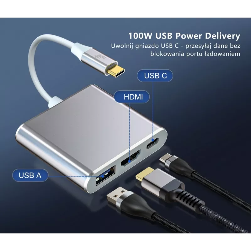 USB C adapterių stotelė TB AKTBXVAU3HMPDAV — 3 viename: HDMI + USB-A + USB-C PD, sidabrinė