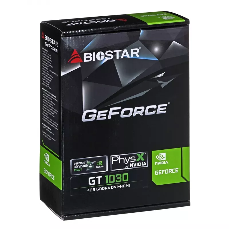 Grafikos plokštė BIOSTAR GeForce GT 1030 — 4 GB GDDR4, 64 bitų, PCIe x16 4.0, aktyvus aušinimas, DVI-D + HDMI