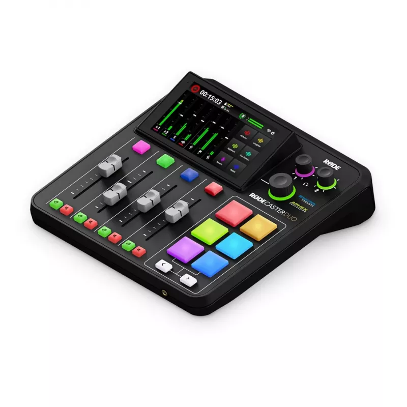 Studijos valdiklis RØDE Caster Duo Juoda — 2 kombinuoti XLR/TRS, 2 TRS linijiniai išėjimai, 48 kHz, 24 bitų, jutiklinis ekranas, Wi‑Fi, Bluetooth