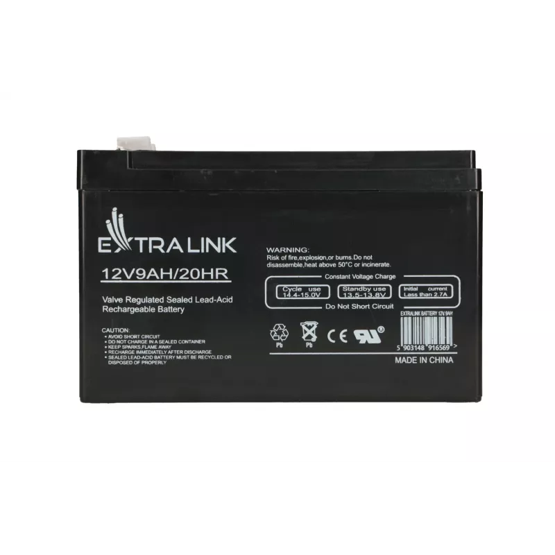 Hermetiška švino rūgštinė (VRLA) baterija 12V 9Ah Extralink – AGM, 1 vnt., juoda