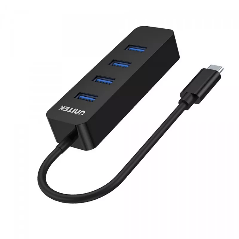 USB šakotuvas Unitek uHUB Q4 — 4 prievadų USB 3.2 Gen 1 (Type-A) šakotuvas, USB-C priegloba, 5 Gbit/s, 10 W, juodas