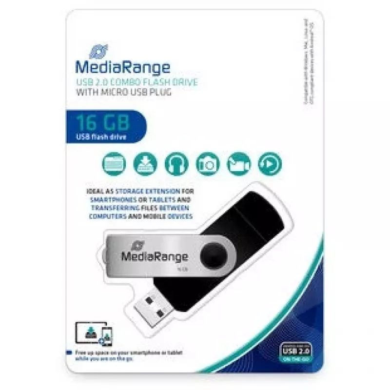 MEDIARANGE MR931-2 - 16 GB - USB Type-A / Micro-USB - 2.0 - 15 MB/s - pasukamas žiedas - Sidabrinė - Juoda