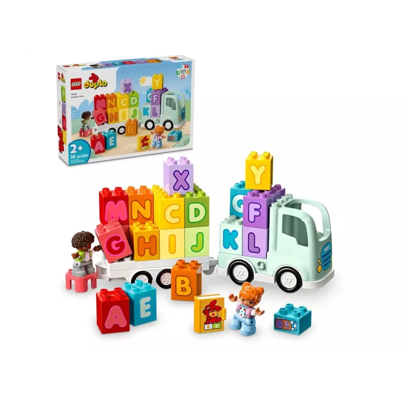 Konstruktorius LEGO DUPLO 10421 ABC sunkvežimis, 36 dalys, 2 minifigūrėlės, nuo 2 metų, matmenys 110×140×70 mm