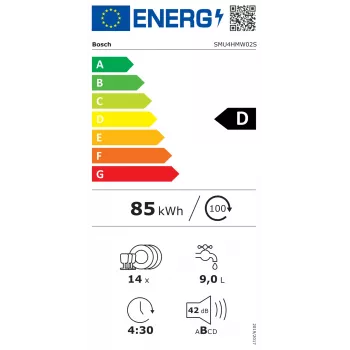 Bosch indaplovė | SMU4HMW02S | Įmontuojama | Plotis 60 cm | Serviruočių skaičius 14 | Programų skaičius 6 | Energinio naudingumo klasė D | Ekranas | AquaStop funkcija | Balta