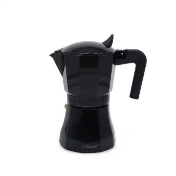 Moka puodas Maestro MR-1658-3 — aliuminis viryklės kavos virimo aparatas, 3 puodeliai (0,15 l), juodas, atlenkiamas dangtis