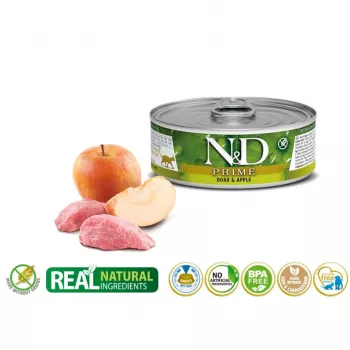 Šlapias kačių maistas Farmina N&D Prime Boar & Apple maišelyje 70 g — suaugusios katės, 13% baltymų, 75% drėgmės, be glitimo