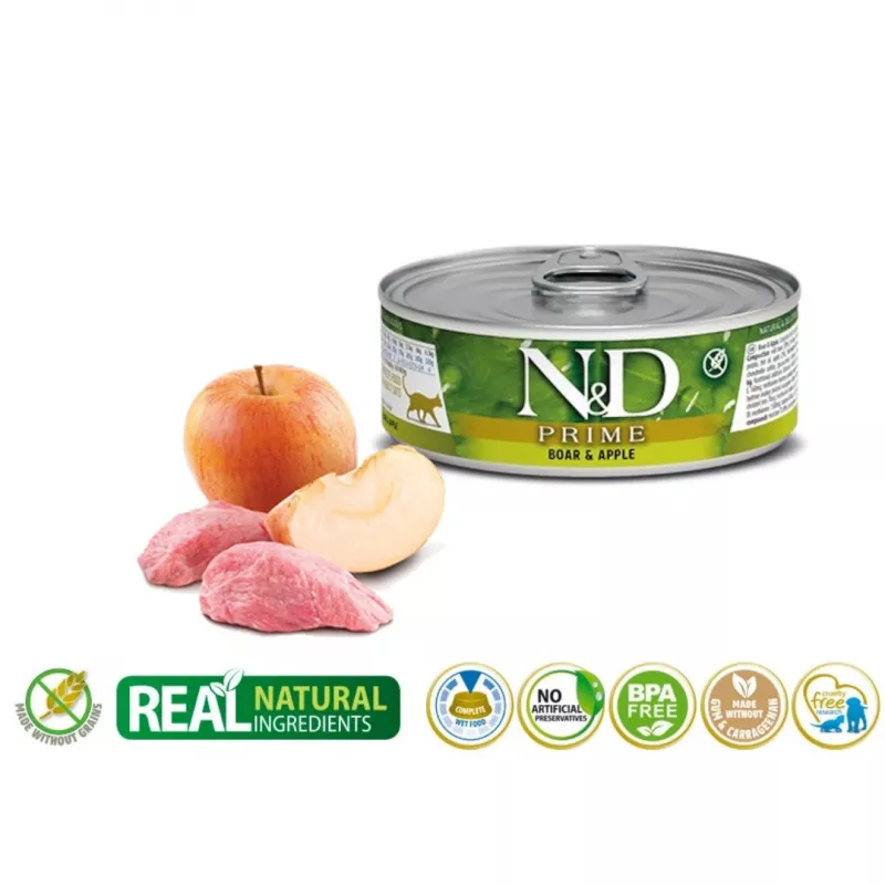 Šlapias kačių maistas Farmina N&D Prime Boar & Apple maišelyje 70 g — suaugusios katės, 13% baltymų, 75% drėgmės, be glitimo