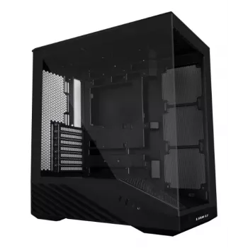 Kompiuterio korpusas Lian Li Vector V100 Midi Tower — juodas su permatomu skydeliu, palaiko 3×120 mm šoninius + 1×120 mm galinį ventiliatorius, 3,5 colio HDD, 2,5 colio SSD, 235,5×446×484,6 mm